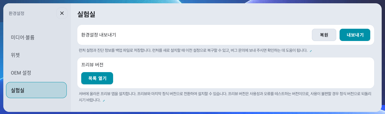 환경설정 → 실험실: 환경설정 내보내기와 복원·프리뷰 버전